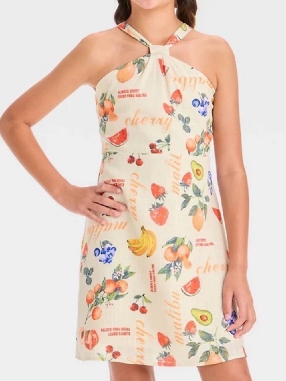 art class Cream Fruit-Print Halter Dress L 10-12 New